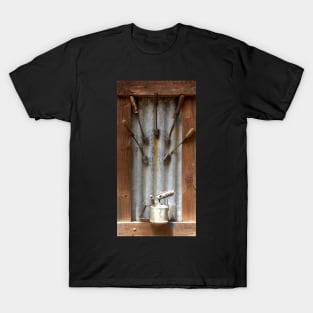 Corrugated Iron, Blow torch and Tools in wooden frame T-Shirt